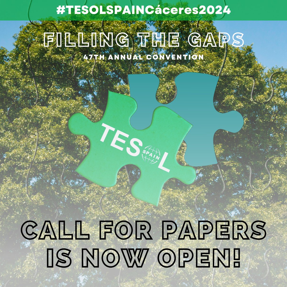 📢 CALL FOR PAPERS IS NOW OPEN!
🔗 tesolspaincaceres2024.com/callforpapers 
Our 47th Annual National Convention "Filling the Gaps" will take place at The Teacher Training College in Cáceres, Extremadura on the 8-10th March 2024 

#TESOLSPAINCáceres2024