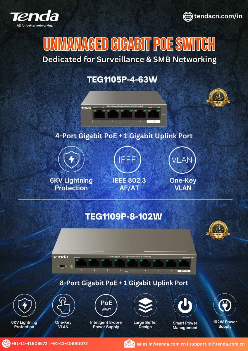 🎥🏢 Looking for an ideal networking solution for video surveillance and small-medium businesses networking solution? Look no further! Choose the Tenda Unmanaged Gigabit PoE Switches for seamless connectivity and enhanced performance.💪

#Tenda #PoESwitch #VideoSurveillance