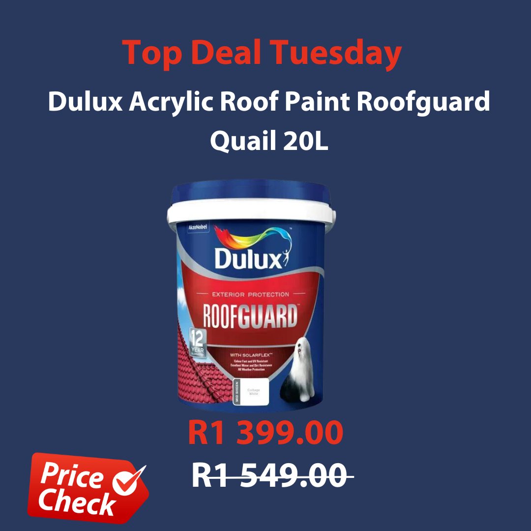 The <a href="/DuluxSA/">Dulux South Africa</a> Acrylic Roof Paint Roofguard Quail 20L from <a href="/LeroyMerlinSA1/">Leroy Merlin South Africa</a> is high-quality roof paint that provides excellent protection and longevity to your roof, check it out! 

🛒 bit.ly/441vUB9
 #PriceCheck #ComparePrices #OnlineShopping #TopDealTuesday #LeroyMerlin