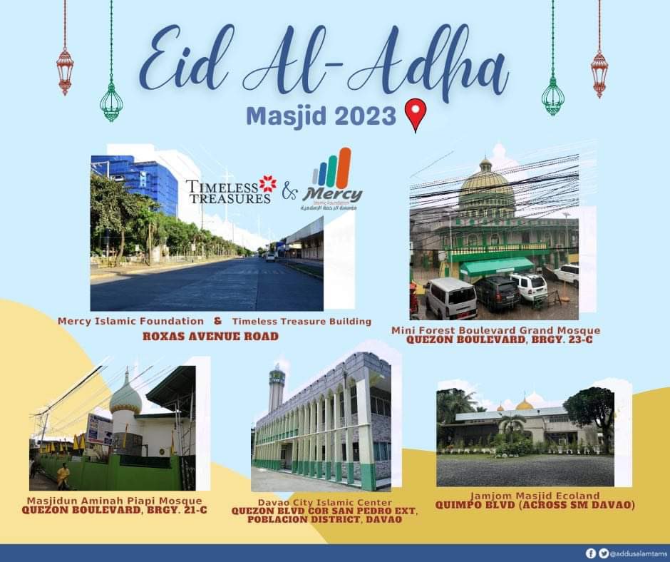 addusalamtams's tweet photo. Assalamu Alaykum Warahmatullahi Wabarakatuhu!

Here is a list of Masjids within Davao City that are nearby the Ateneo de Davao University. These Masjids are all open for the congregational prayer for the Eid’l Adha tomorrow. It is advisable to be on the location by 6AM. https://t.co/QSDnsVaX4X