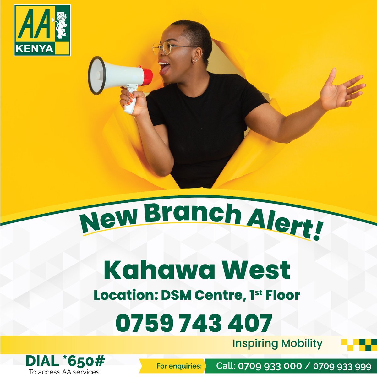 It's official! AA Kenya has expanded to Kahawa West, DSM Centre, 2nd floor. Our location is now open and ready to welcome you. Swing by and experience all that we have to offer. For more information call us on 0759743407/0709933000
#AAKenyacares #KahawaWest #InspiringMobility