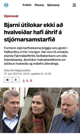 Á meðan Katrín Jakobs er blóðug upp að öxlum að segja þjóðinni að Bjarni Ben beri enga lagalega ábyrgð á sölu á ríkiseign sem var drekkhlaðin lögbrotum situr Bjarni með henni í viðtali og hótar stjórnarslitum vegna hvalveiða. Íslandsmetin í meðvirkni falla á degi hverjum.