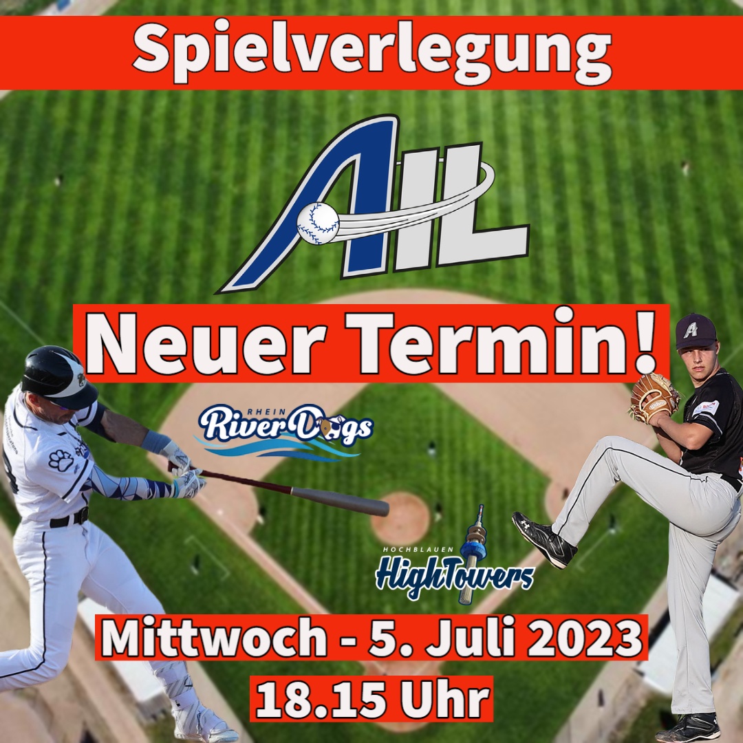 Das für ❌ Freitag, 30.06.2023 ❌ angesetzte AIL-Spiel, wurde auf
➡️ Mittwoch, 05.07.2023 - 18.15 Uhr verschoben!  ⚾️