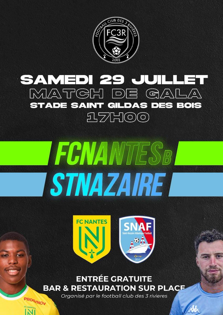 🚨 #FCNantes  2 🆚 Saint Nazaire 

🏟️ Le samedi 29 juillet à 17h au complexe de Saint Gildas des Bois(44530) .

 🎫 Entrée gratuite 🤝⚽

On vous attend nombreux 😎