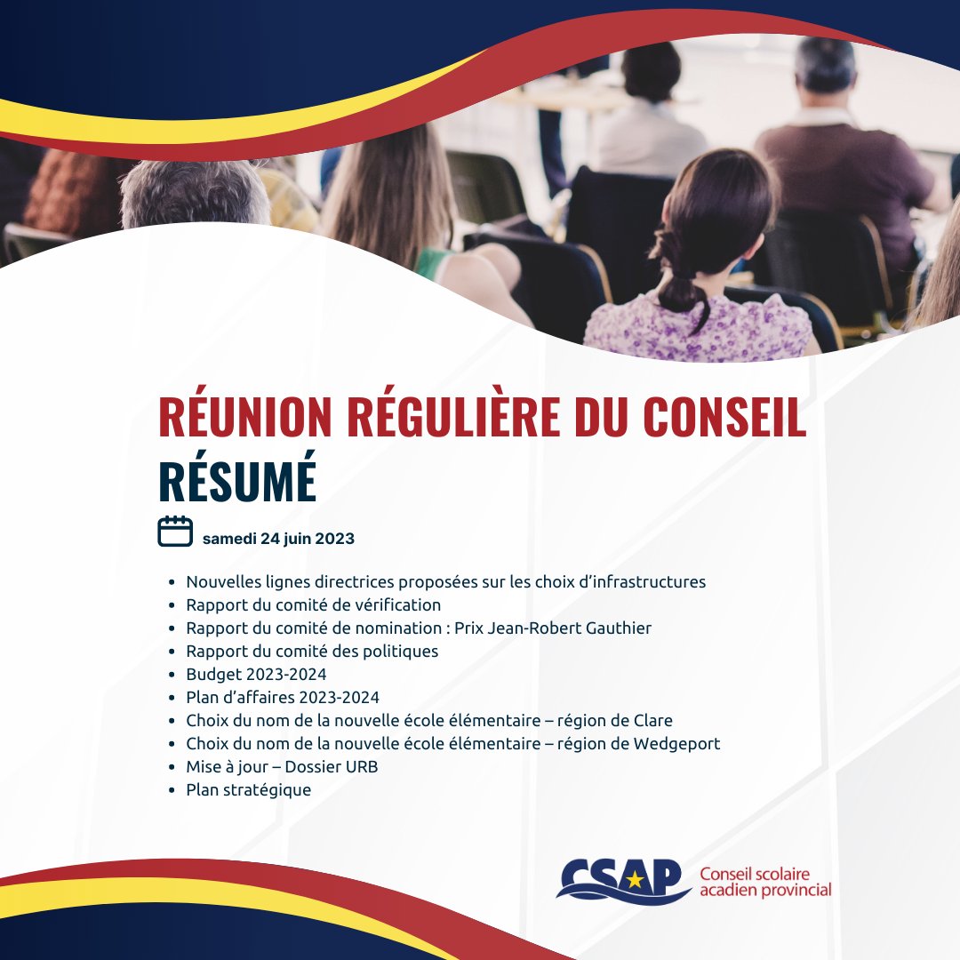 RÉSUMÉ DE LA RÉUNION DU CONSEIL

Le Conseil s'est réuni pour la dernière réunion régulière de l'année scolaire 2022-2023. 

Suivez le lien pour voir le résumé :
csap.ca/images/Re%CC%8…