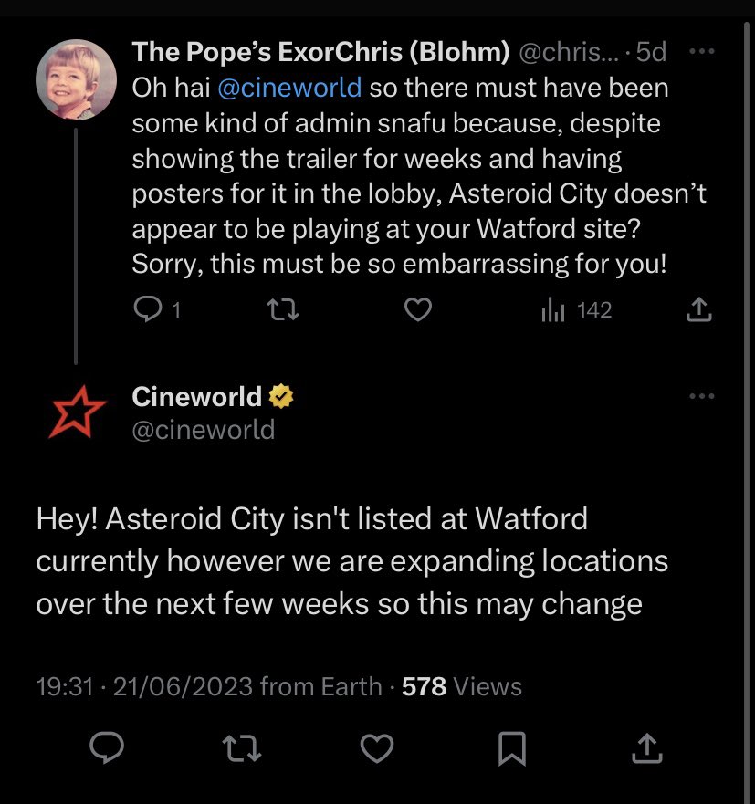chrisblohm's tweet photo. @robbiereviews Predictably, my local isn’t showing it because they think Watford is populated by idiots who won’t watch films made for grown-up humans https://t.co/fbPJkIoiGL