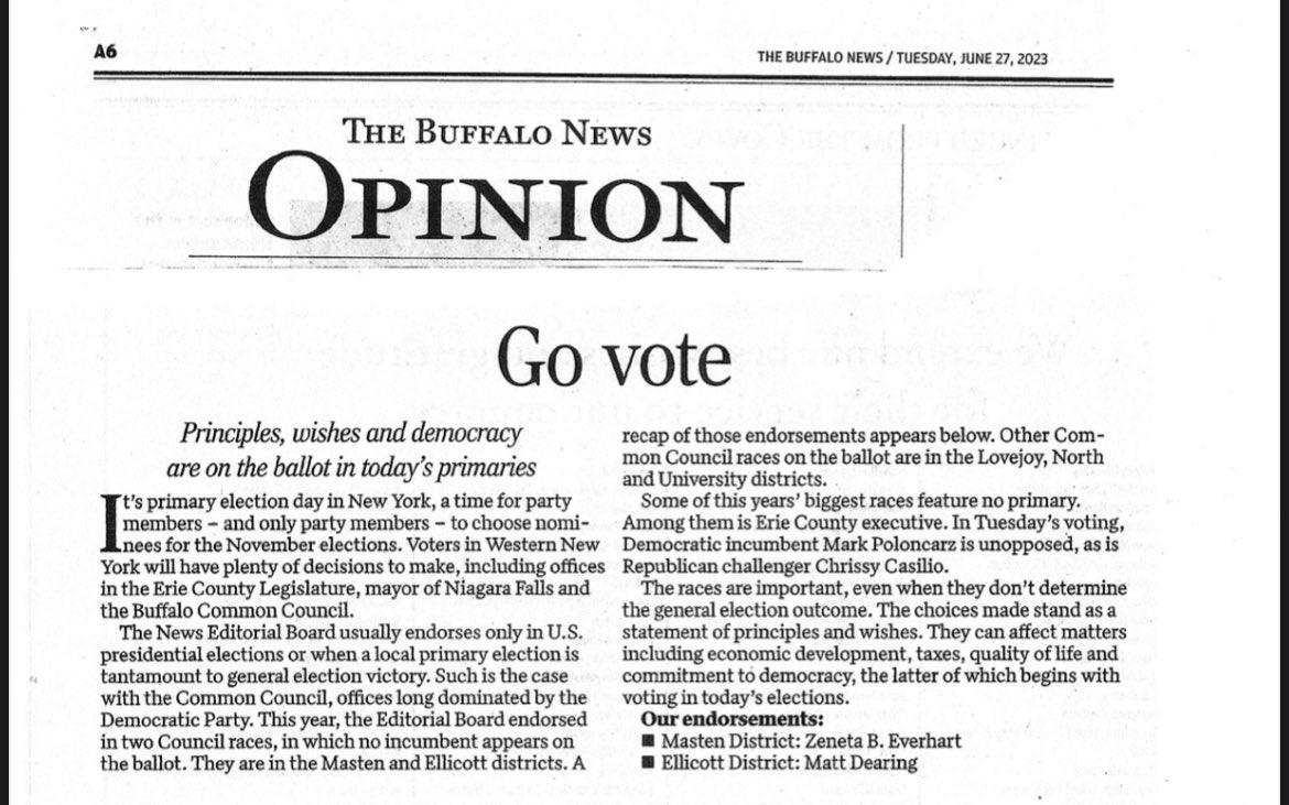 From this mornings edition of @TheBuffaloNews - “Principles, wishes and democracy are on the ballot in today’s primaries”. I’m proud to have the endorsements of the @TheBuffaloNews Editorial Board, @NYWFP, and @wny_ycc, Black Lives Matter - Buffalo Chapter.