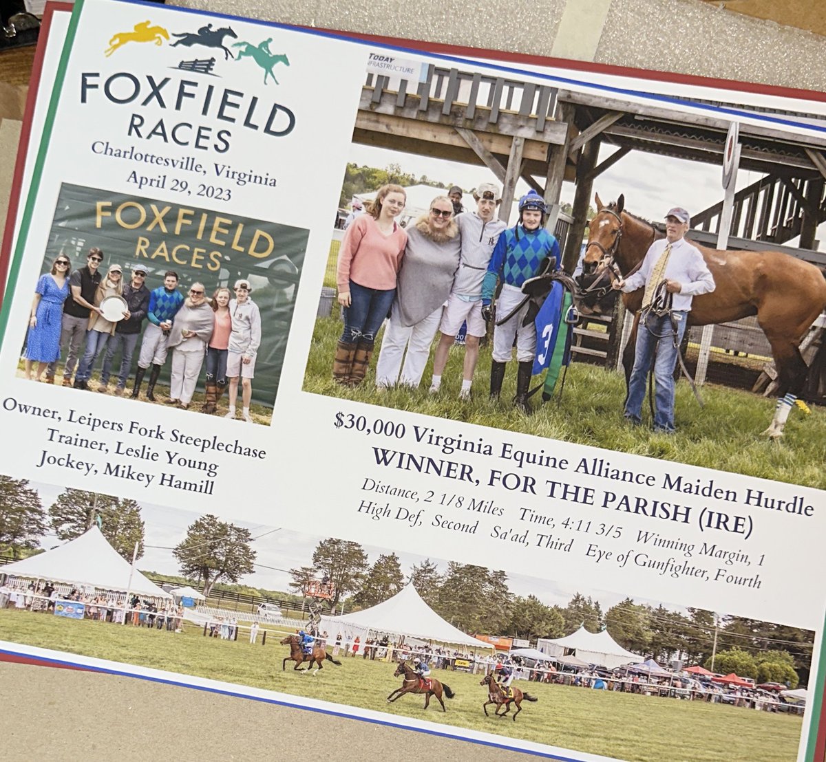 Shout out to the lovey Camden Littleton for always hooking us up with beautiful win composites! 
Two pictures from the spring <a href="/FoxfieldRaces/">Foxfield Races</a> meeting! #OSCARWINNER &amp; #FORTHEPARISH
Dreaming of fall now! 
<a href="/LeslieYoung1/">Leslie Falini Young</a> <a href="/horsefirst/">Horse First Winners</a> <a href="/JumpingwithNSA/">NSA</a>