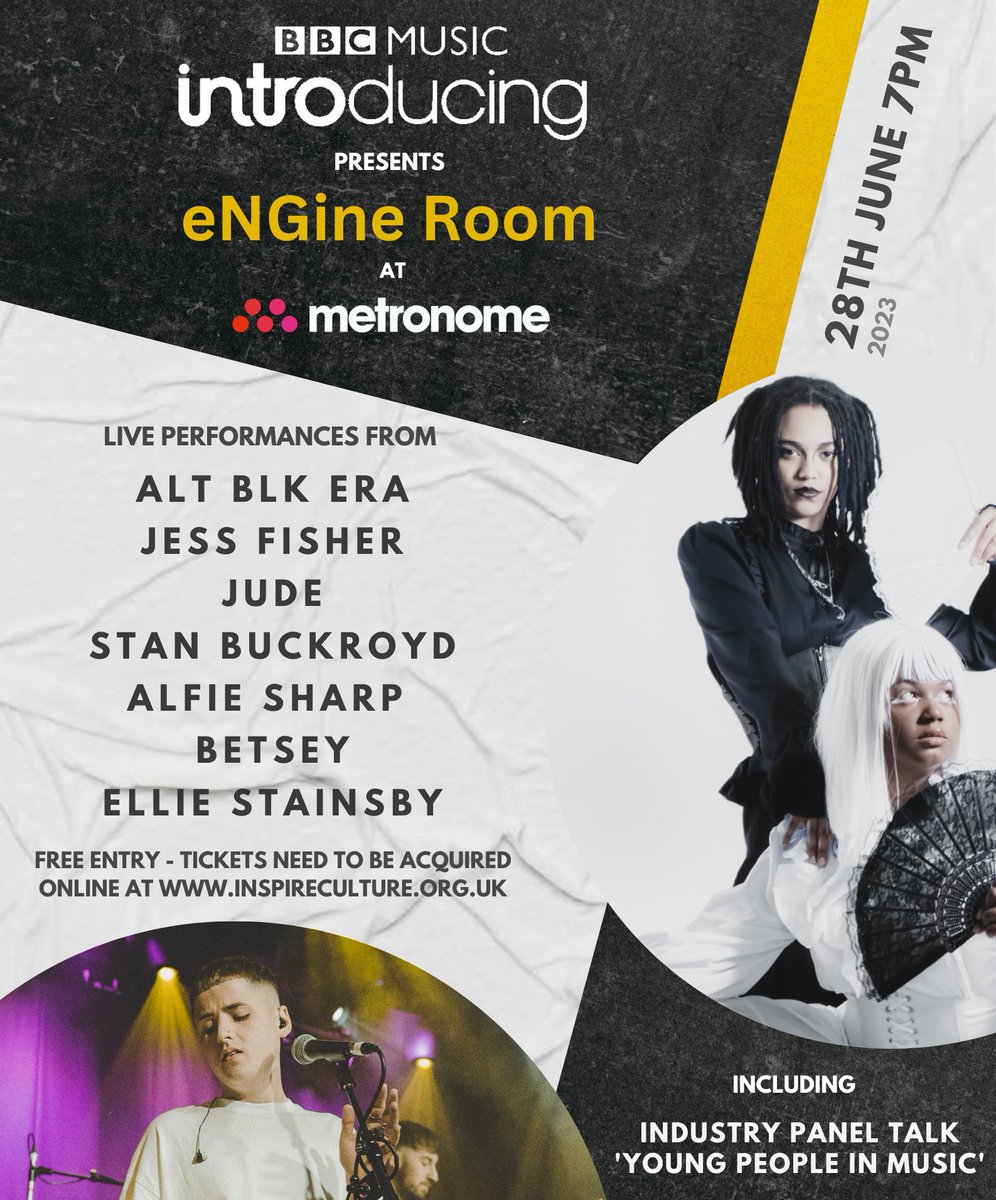 🚨 TOMORROW - Discover the best of young Notts talent making waves locally and nationally! 🎤 BBC Introducing presents: eNGine Room Label Showcase - Wednesday 28 June, 7pm at Metronome Nottingham⚡ Last chance to book your FREE ticket! 🎟️: bit.ly/3J6VHPN