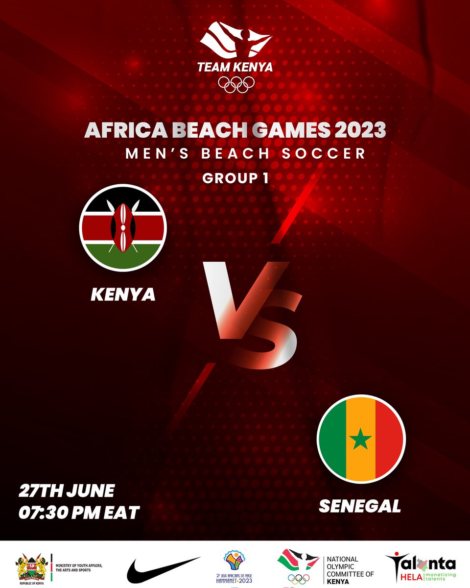 This evening at 7:30pm✨ our Men step into the sand against Senegal in our first Beach soccer match of the tournament. Let's go 💪

#Teamkenya #InspiringTheNation