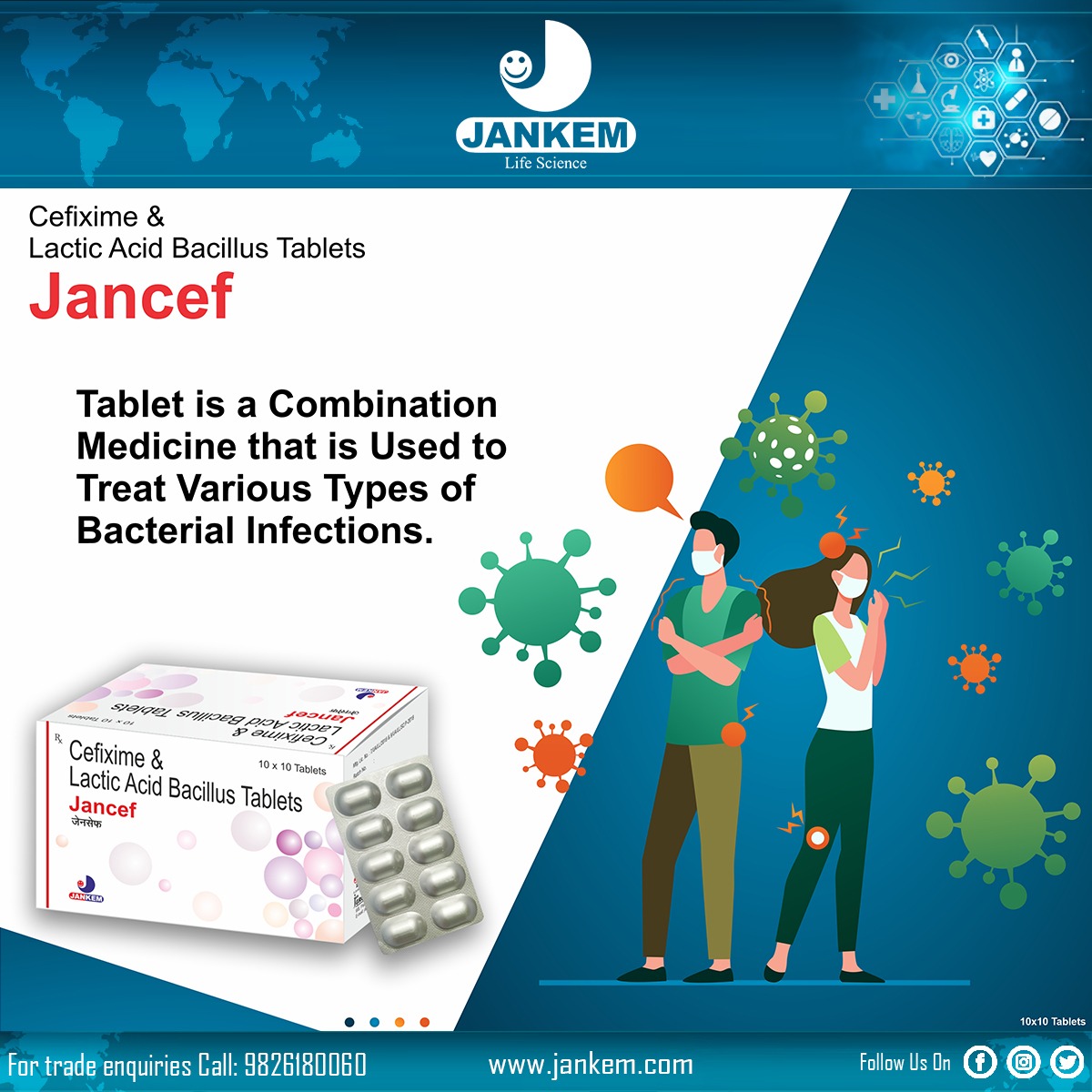 Jancef tablets from Jankem Life Science used to treat bacterial infections of the ear, nose, sinuses (sinusitis), throat (tonsillitis, pharyngitis), lungs (bronchitis, pneumonia), and urinary system (cystitis and kidney infections). 

#Quality #Medication #Effective #Relief #Ear