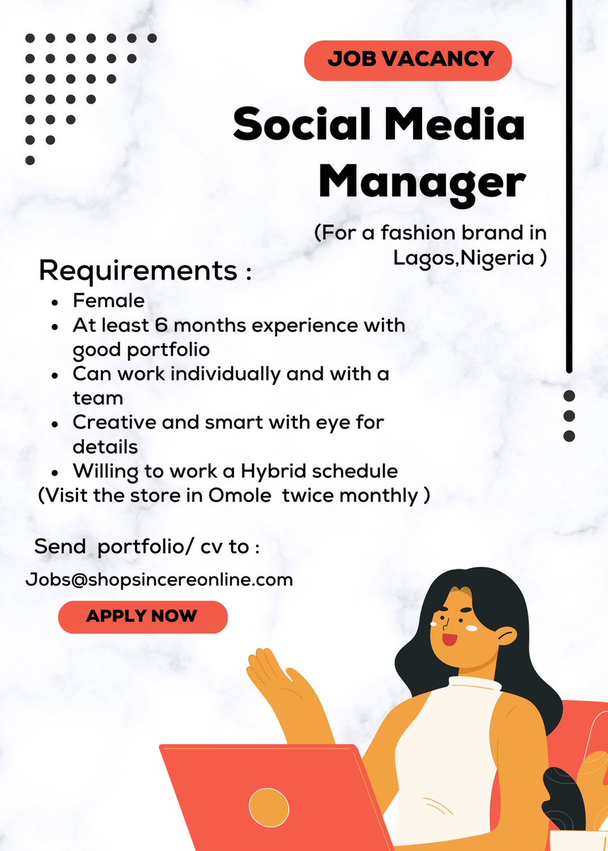 Looking for a Social media manager in Lagos Nigeria.
⁃A creative person with experience in managing Instagram,TikTok.
⁃Has good knowledge of Canva, Planoly/buffer, Instories ,Business suite.
#sociamediamanagerinlagos #socialmediamanager  #hiringsocialmediamanager