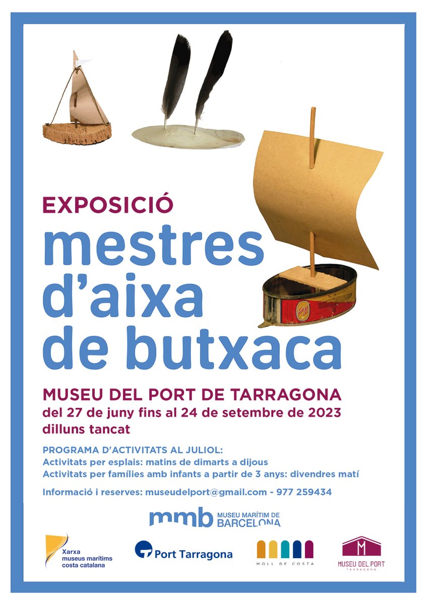 📌#Exposició Mestres d'Aixa de butxaca
🗓️Del 27/06 al 24/09
 Lloc: Aula Didàctica #MuseuPortTarragona
Projecte del <a href="/MuseuMaritim/">Museu Marítim</a> i <a href="/MaritimMallorca/">Museu Marítim de Mallorca</a>  que vol recollir els coneixements populars a l’entorn de la construcció tradicional de vaixells de joguina
#agenda #heritage