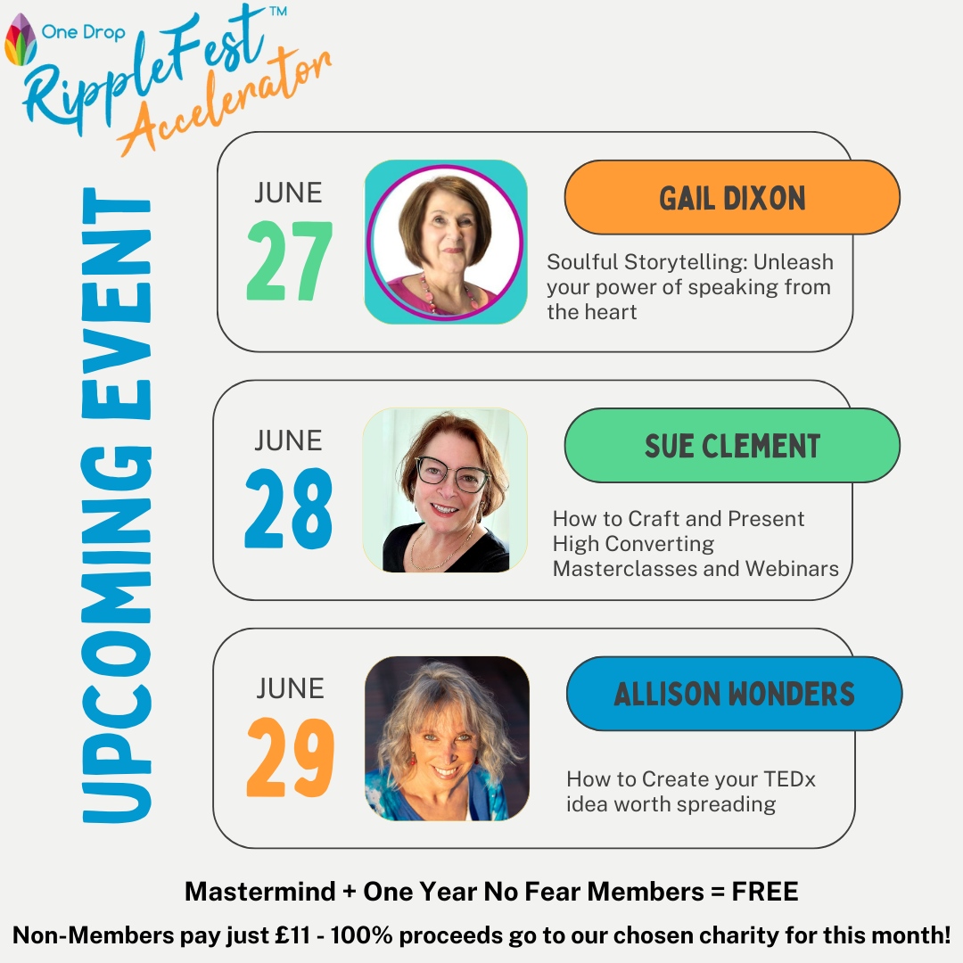 It's time for RippleFEST!

This months schedule is Tuesday 27th - Thursday 29th June!

Tuesday 27th: Gail Dixon
Soulful Storytelling: Unleash your power of speaking from the heart

Wednesday 28th: Sue Clement
How to craft and present high converting masterclasses and webinars
...