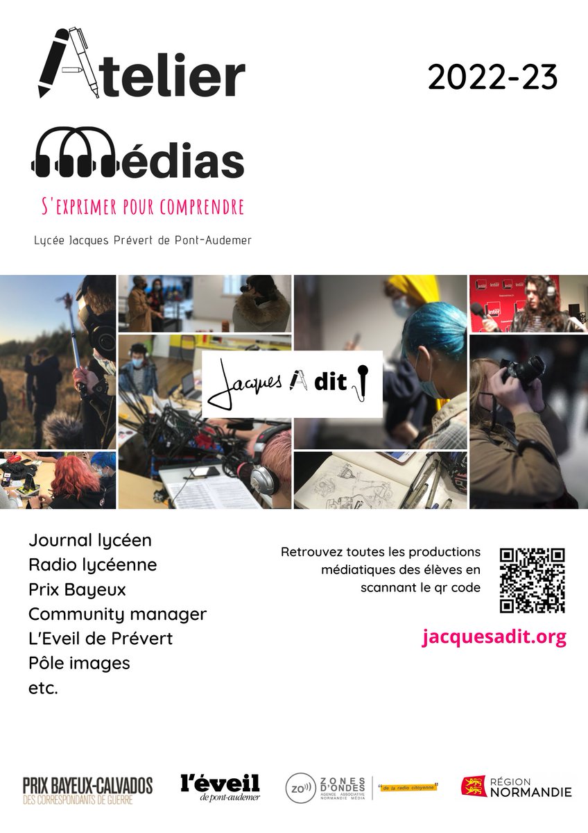 L'Atelier médias, s'exprimer pour comprendre ! Bilan et perspectives 2022-23 pour les élèves de <a href="/PressePrevert/">L'Atelier médias / Jacques a dit !</a> #EMI #Radio #podcast #journal #dessin cc <a href="/eveilponto/">L'Éveil de Pont-Audemer</a> <a href="/PrixBayeux/">Prix Bayeux Calvados-Normandie</a> <a href="/ClemiNormandie/">EMI_Normandie</a> poke <a href="/Erwann_Lep/">Erwann Lepoittevin</a> <a href="/FabricePilat/">PILAT Fabrice</a>, Caroline Chenu et Cécile Romain
jacquesadit.org/items/show/146