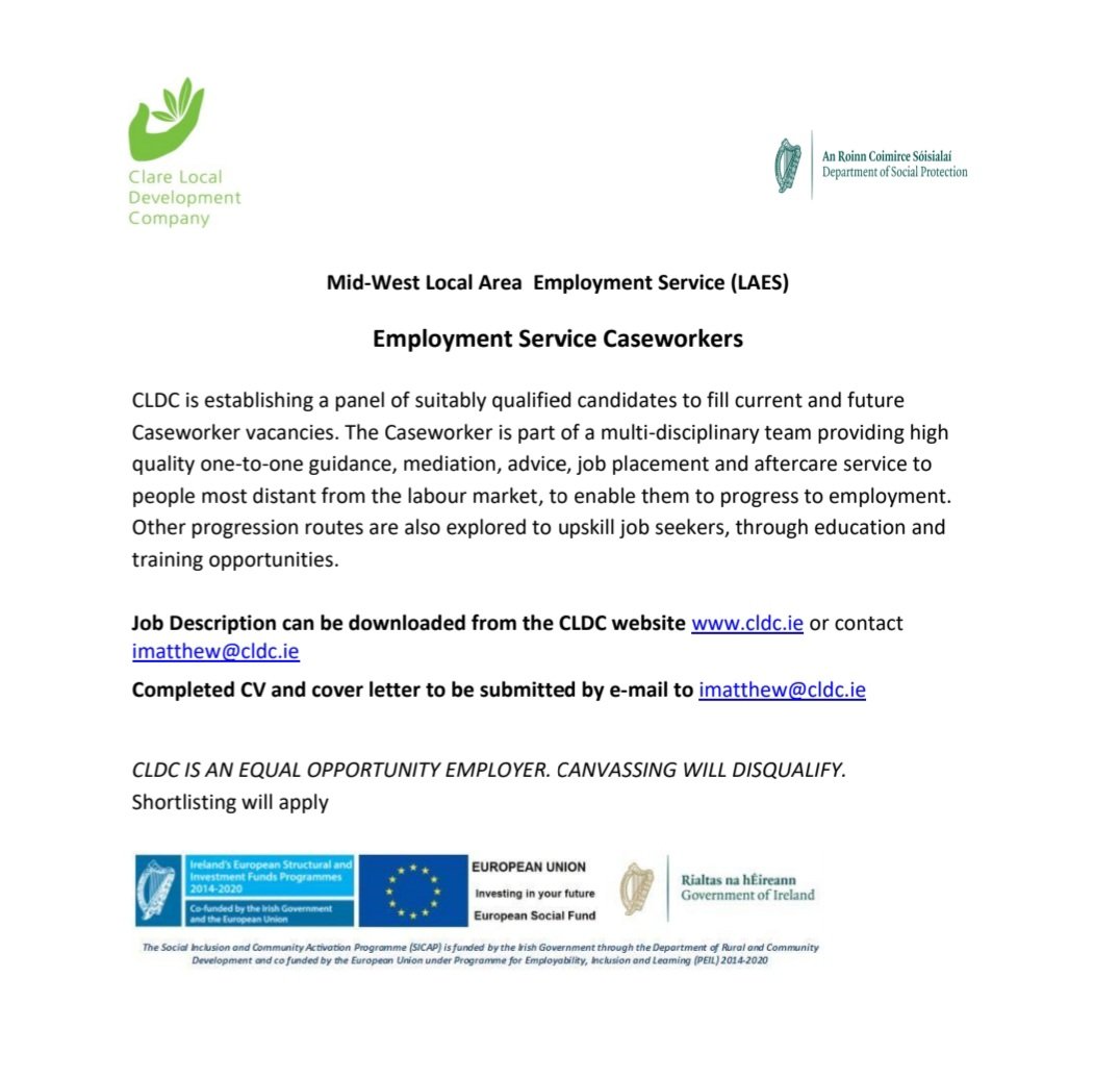 Clare Local Development Company @CLDC_ is recruiting a 'Caseworker' for their newest programme - the 'Local Area Employment Service'. Details of the vacancy on their website, on @Activelink and in the @ClareChampion 

#jobfairy #jobsclare #clare #communityjobs #nonprofitjobs