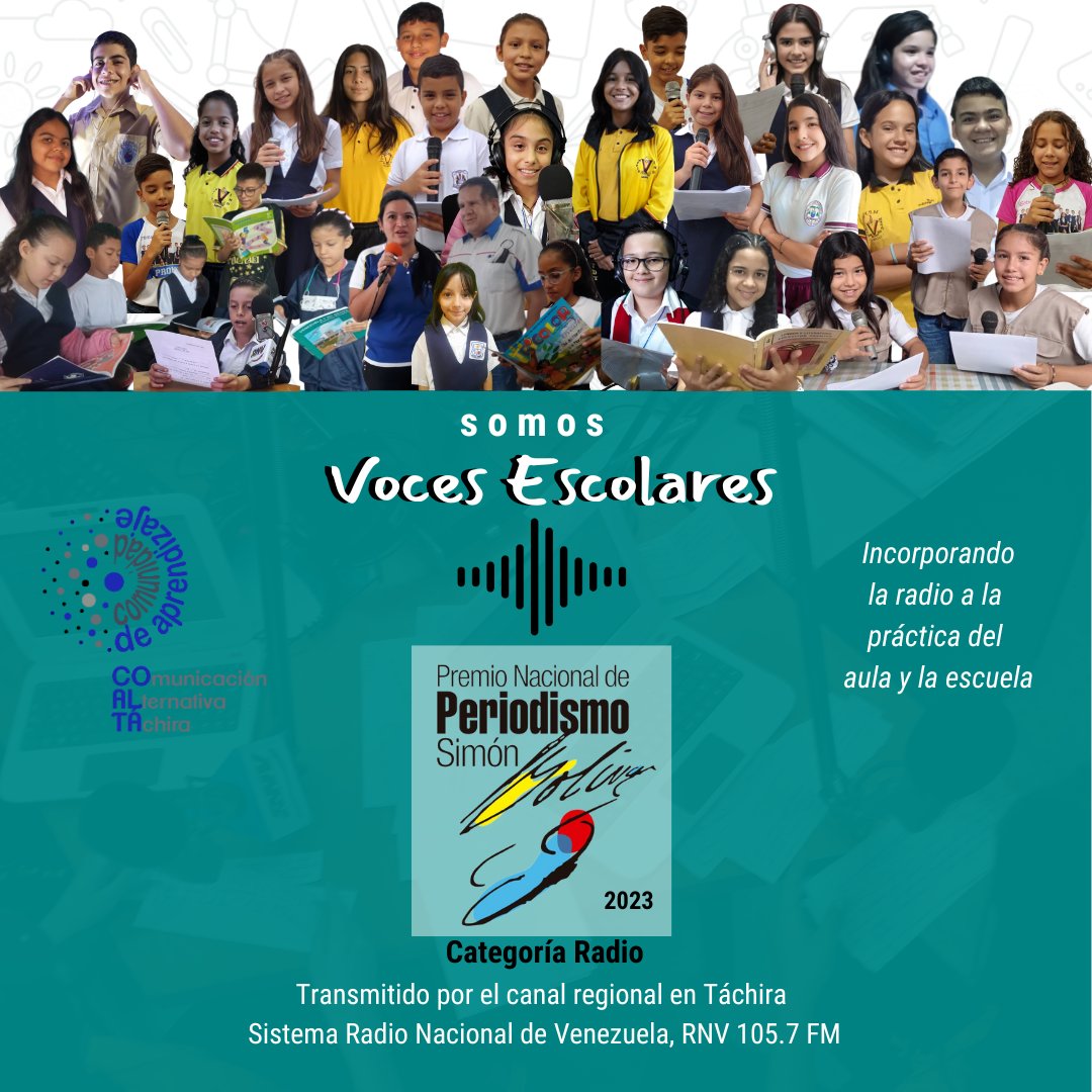 El programa Voces Escolares gana Premio Nacional de Periodismo Simón Bolívar <a href="/sbolivarpremio/">Premio Nacional de Periodismo 🇻🇪</a>  categoría #Radio, espacio transmitido por <a href="/RNV_Tachira/">RNV Tachira</a>
👏felicitaciones a la muchachada de la patria y a sus docentes📚📻🇻🇪

<a href="/_LaAvanzadora/">Yelitze Santaella</a>
<a href="/CatirrusiaV/">catirrusia_V</a>

#17Jun
#IntegraciónTecnológica