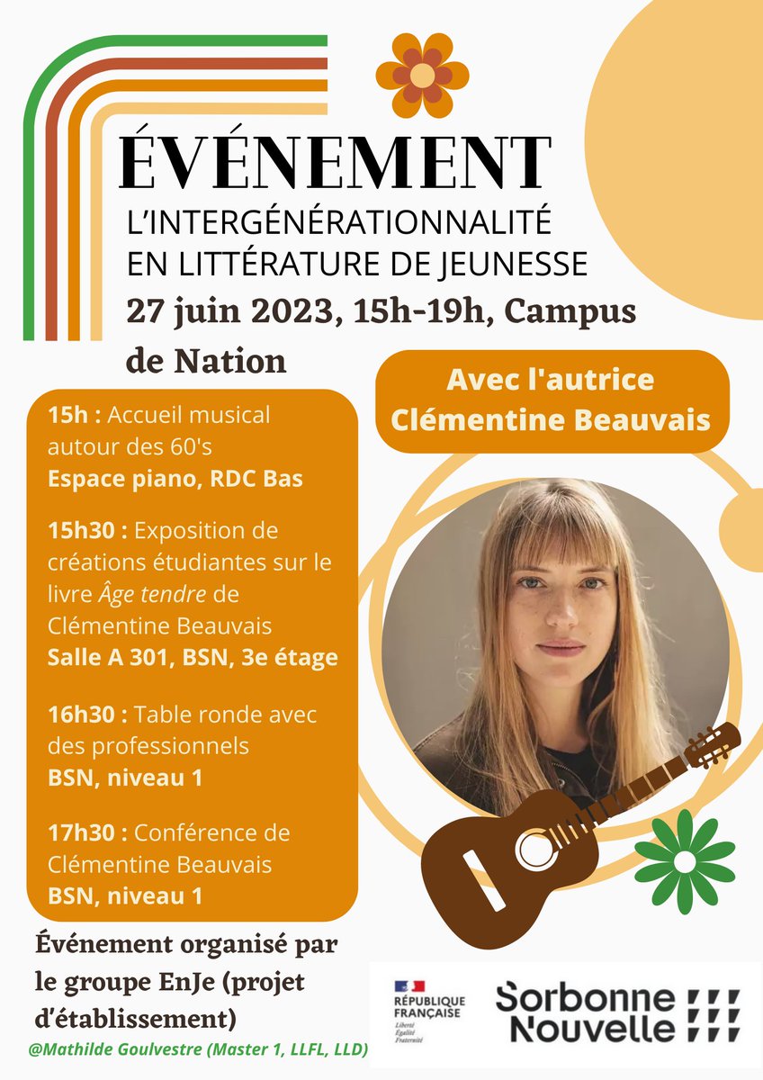 Sorbonne_Nvelle's tweet photo. L'Intergénérationnalité en #littératurejeunesse !
En présence de Clémentine Beauvais, autrice de
« Âge tendre 📚 »
📅Aujourd'hui 27 juin ⏲️ 15h à 19h
N'hésitez pas à venir avec votre plus belle tenue ou accessoire inspirés des 60's ! 🌻
📍#CampusNation https://t.co/wPRVLEtdYE