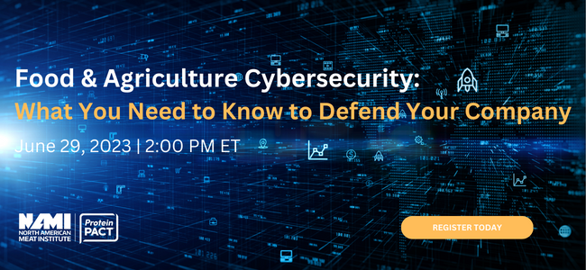 There is still time to register! This Thursday at 2 PM we will be talking about food and ag cybersecurity with the @MeatInstitute. Registration is open and free for all here → bit.ly/43wB0VA #cybersecurity #foodandagisac #foodandag #agriculture