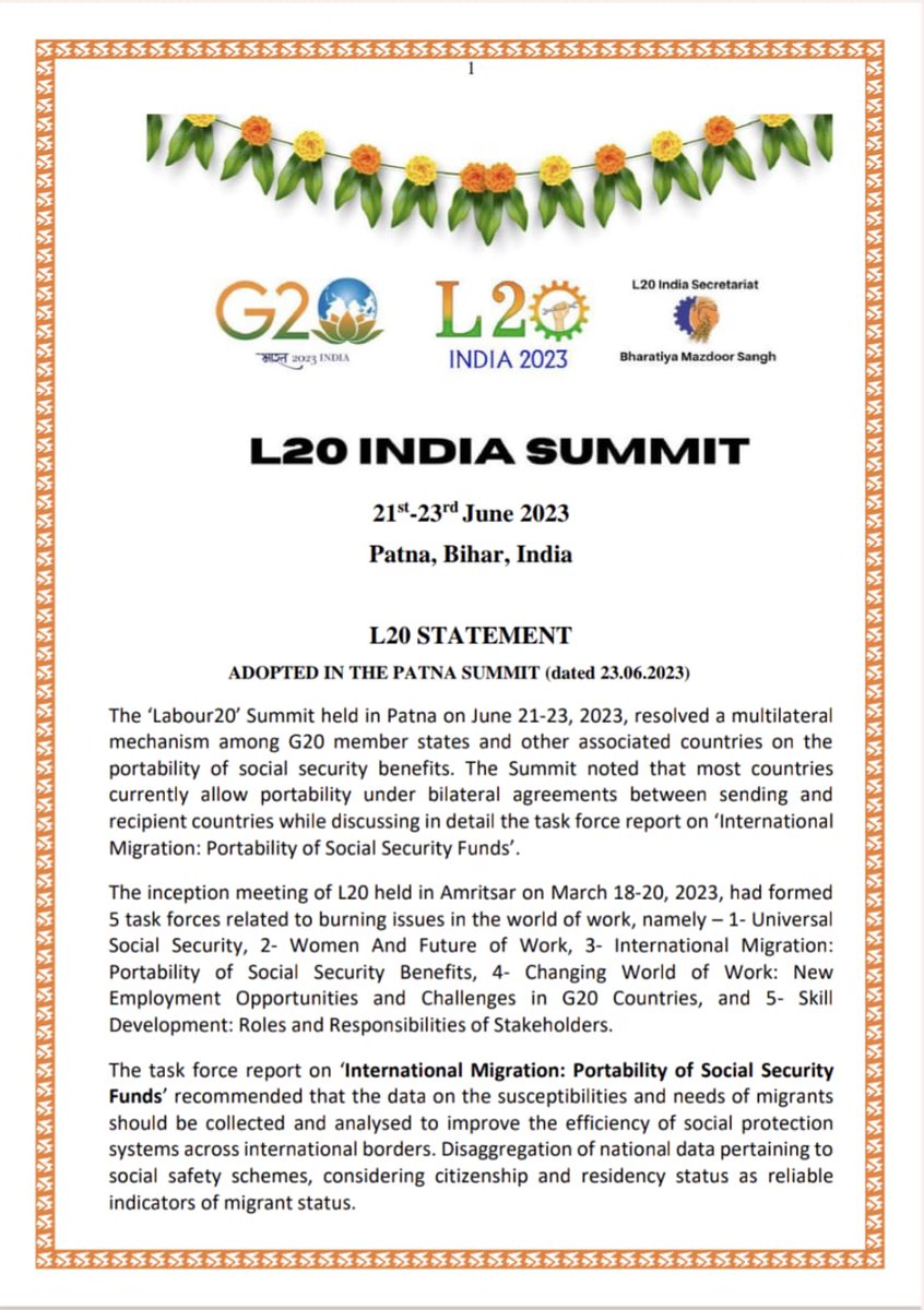 <a href="/L20india/">L20 India</a> <a href="/PIB_India/">PIB India</a> <a href="/MIB_India/">Ministry of Information and Broadcasting</a> <a href="/PIBPatna/">PIB in Bihar</a> <a href="/LabourMinistry/">Ministry of Labour & Employment, GoI</a> <a href="/GovernorBihar/">Raj Bhavan, Bihar</a> <a href="/TourismBiharGov/">Bihar Tourism</a> L20 Statement adopted at the #Labour20Summit in Patna.

➡️ Universalization of Social Security with #SocialSecurityPortability

➡️ Gender-responsive employment environment for women

➡️ Ways to address the global skill gap

Full text 📃: bit.ly/3ptNPkH