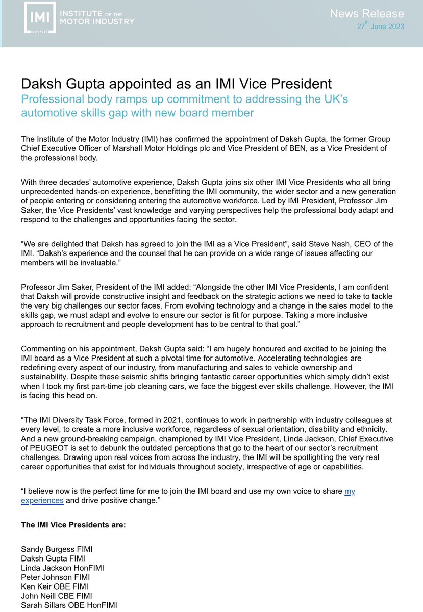 DakshGuptaCEO's tweet photo. I’m incredibly honoured to be appointed as a Vice President of @The_IMI. I very much look forward to working with Professor @JimSaker1 the President, @SteveN_IMI the CEO, my fellow Vice Presidents and the wider team. Press release below for more details. Hopefully more to come… https://t.co/THnh2erOGF