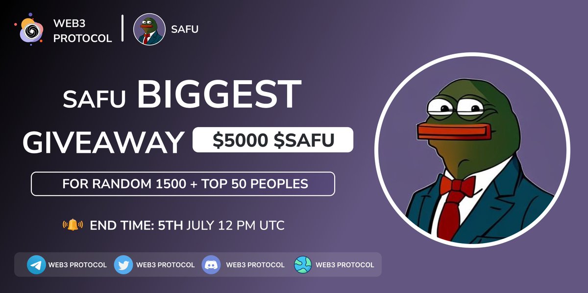 🎉Web3 Protocol X Safu $5000 $SAFU Giveaway

🏆Prize Pool:- $5000 $SAFU
 To Enter:- 
✔️Follow <a href="/Web3_Protocol/">Web3 Protocol</a> &amp; @SAFU_only
✔️Like and RT 3 friends 
✔️Fill form :- tinyurl.com/4rxnhkc6

 #Airdrop #Giveaway #Giveaways #SAFU_only