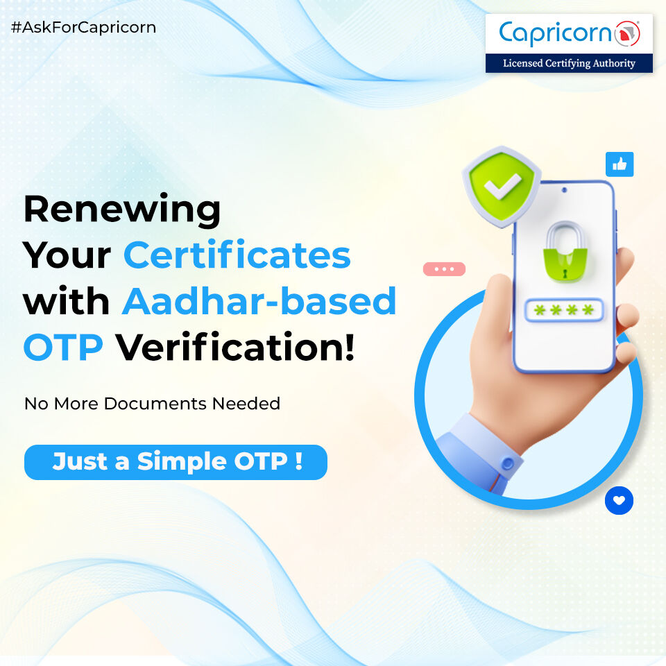 CertDigi's tweet image. Save time and easily renew your certificate through Aadhaar-based OTP verification.

Visit: certificate.digital 

#digitalsignature #certificate #class3dsc #business #partner #tax #ca #reseller #legal #cs #aadhardsc #paperless #onlinedsc #otp  #dsc #aadhar