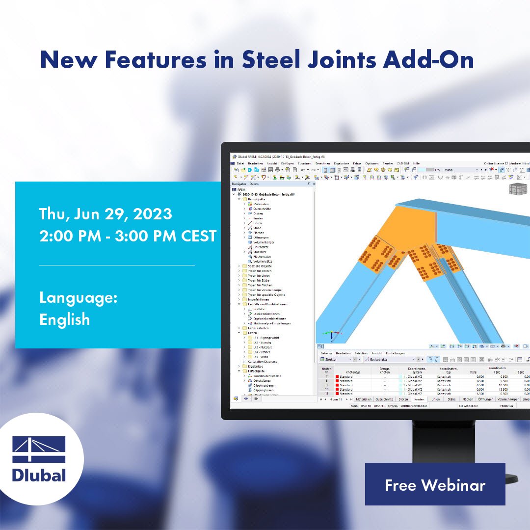 dlubal_en's tweet photo. New Features in Steel Joints Add-On

https://t.co/TRB4EFlisI

#rfem6 #rstab #rstab9 #analysissoftware #structuralanalysis #structuralanalysissoftware #steelstructures #eurocode3 #structureengineer #steeldesign #3dsteelstructuralmodel #aisc #metalstructures #dlubal #dlubalsoftware https://t.co/H79mUFRBZj