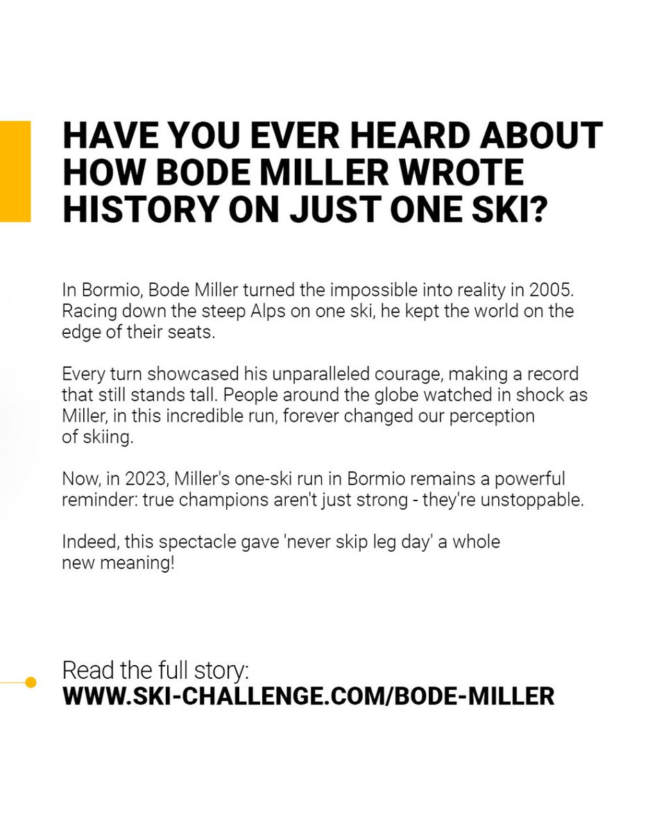 _skichallenge_'s tweet photo. 2005, Bode Miller defied the odds, racing on one ski down Bormio's steep slopes! 🤯
🔗 https://t.co/PnHzopQD0V
Ever witnessed a sports moment as jaw-dropping as this?
Share with us! 👇 #BodeMiller #SkiLegends #Skiing https://t.co/RUyiEJ9EQc