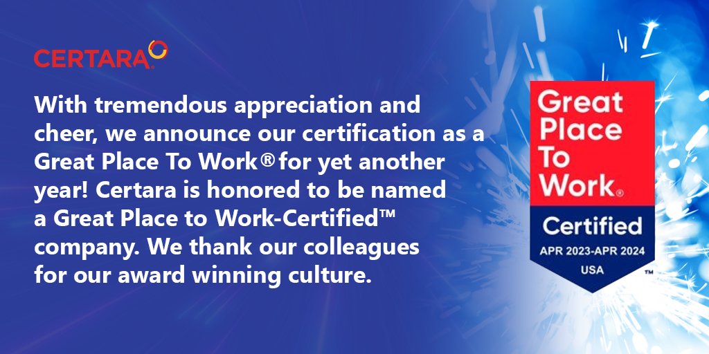 The data is in! Our colleagues shared their voice, and joining Team Certara is the winning choice! Join our team: ow.ly/Tmex50OXxTQ

Stay tuned for photos of our colleagues and also from our celebrations! 

#GPTWcertified  #Certara @GPTW_US