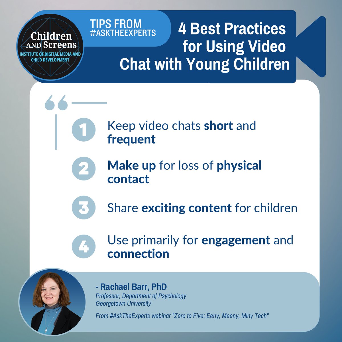 childrenscreens's tweet image. Expert @ELPlearn shared four best practices when using #VideoChat with young children at our #AskTheExperts webinar on #TechUse for kids ages 0-5. Dr. Barr emphasized using these platforms for engaging interactions and relationship-building.
Full webinar: bit.ly/43wUl92