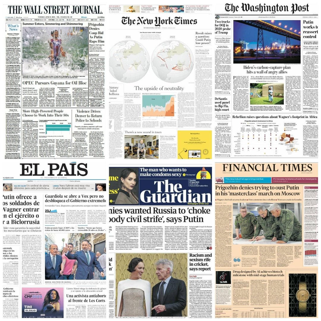 Periódicos en el mundo... #Thewallstreetjournal #Thenewyorktimes #Thewashingtonpost #TheGuardian #ElPaís #Financialtimes #news #newspaper #june27th2023