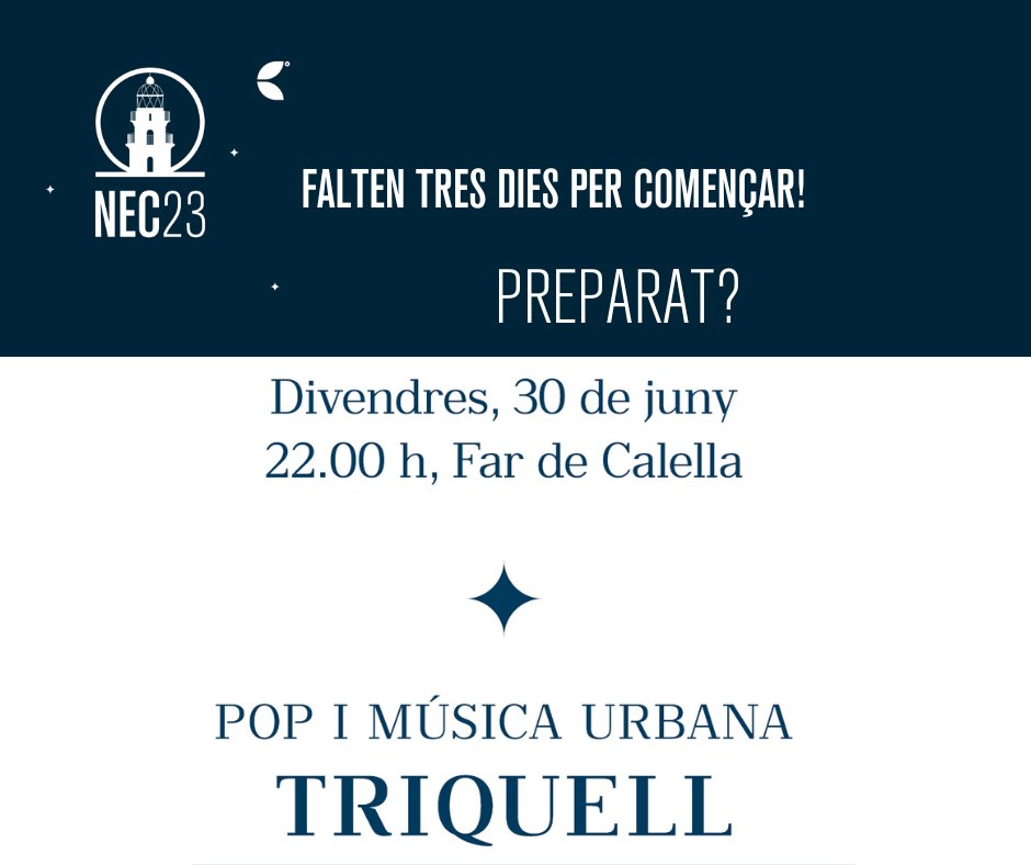 CalellaNEC's tweet photo. Falten només tres dies, per començar el Festival nits d'estiu de Calella NEC amb Triquell!✨🤩
🎟️ Compra entrades disponibles, per tots els altres artistes, aquí: https://t.co/DNcBxfEXHF
#nitsestiucalella #calellaesmes #calellabcn #nec2023 #icatfm https://t.co/9QuAlv5h3Z