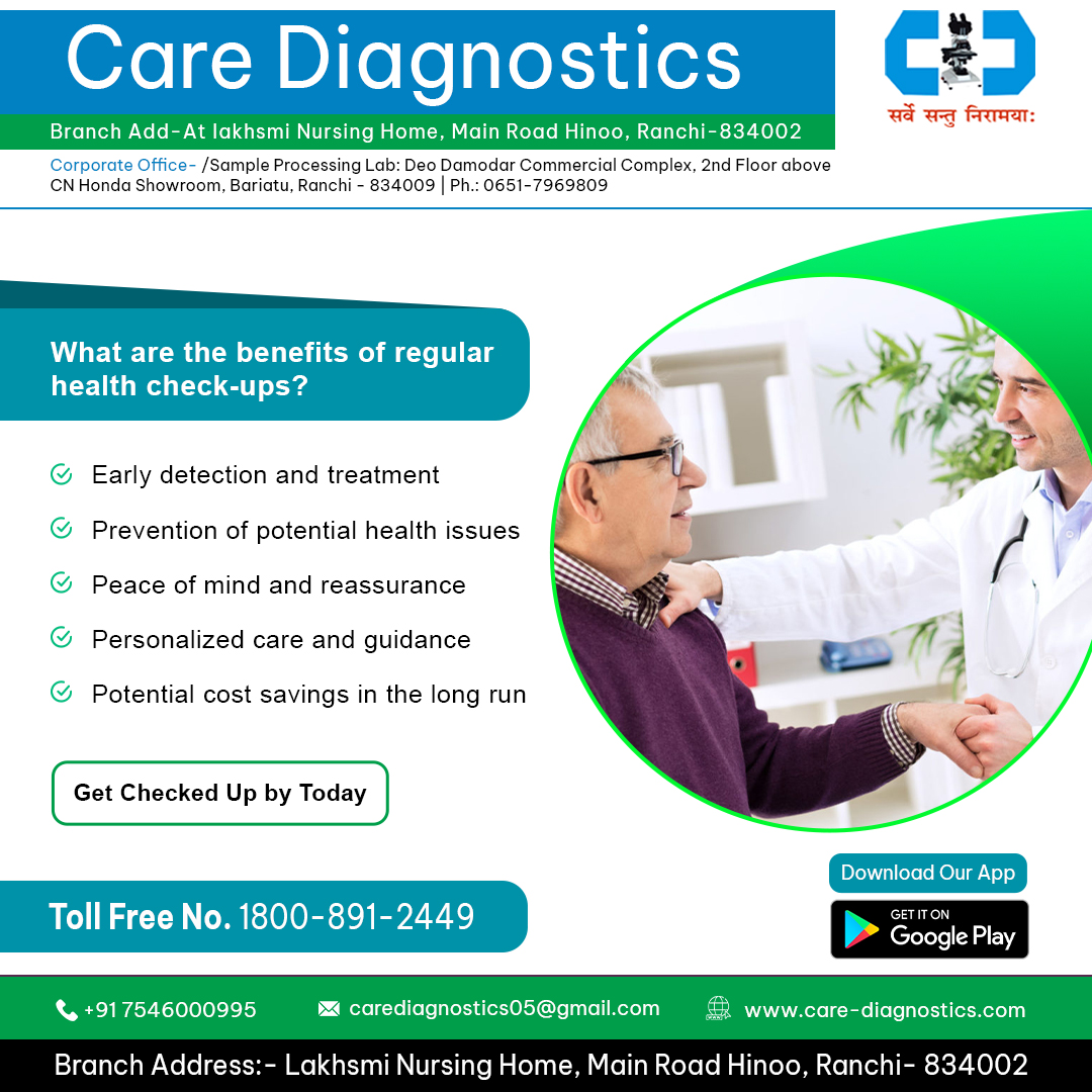 Take charge of your health and schedule regular health check-ups to stay proactive and ensure your well-being.
For more details:
📲Contact:  +91 7546000995
📧Email: carediagnostics05@gmail.com

#CareDiagnostics #HealthCheckups #PreventiveCare #EarlyDetection #TimelyTreatment