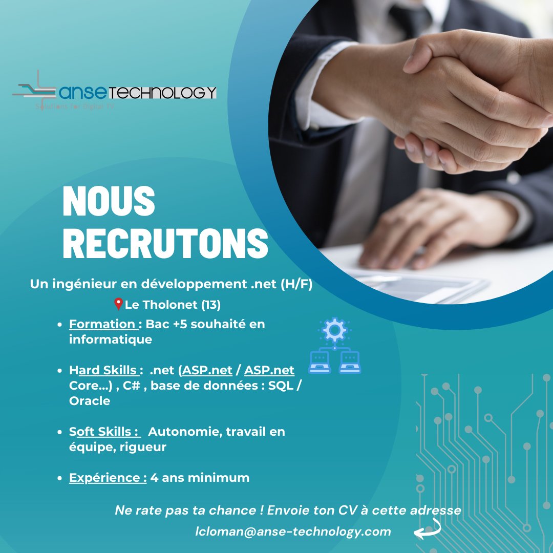 AnseTechnology's tweet image. 📢 Anse Technology recrute

🔎 Nous recherchons un ingénieur en développement .net (H/F)
📍Sur Le Tholonet (13)

#technology #recrute #informatique #candidature #travail