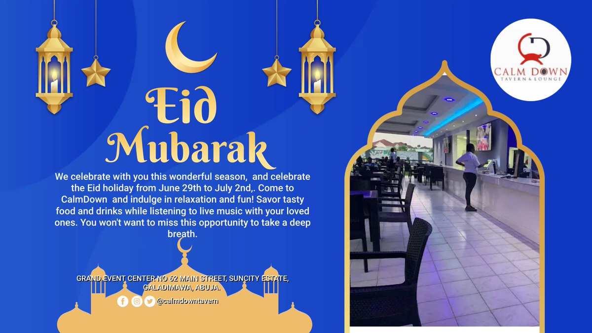 CalmDownTavern's tweet photo. Make your Eid weekend extra-special
with our exclusive staycation offer. 

Celebrate Sallah with us and enjoy our discounted in all our Food and Drinks special Eid Lve music with your loved ones.

Start making your bookings today, call; 08133717422 https://t.co/D2NnX1V7lF