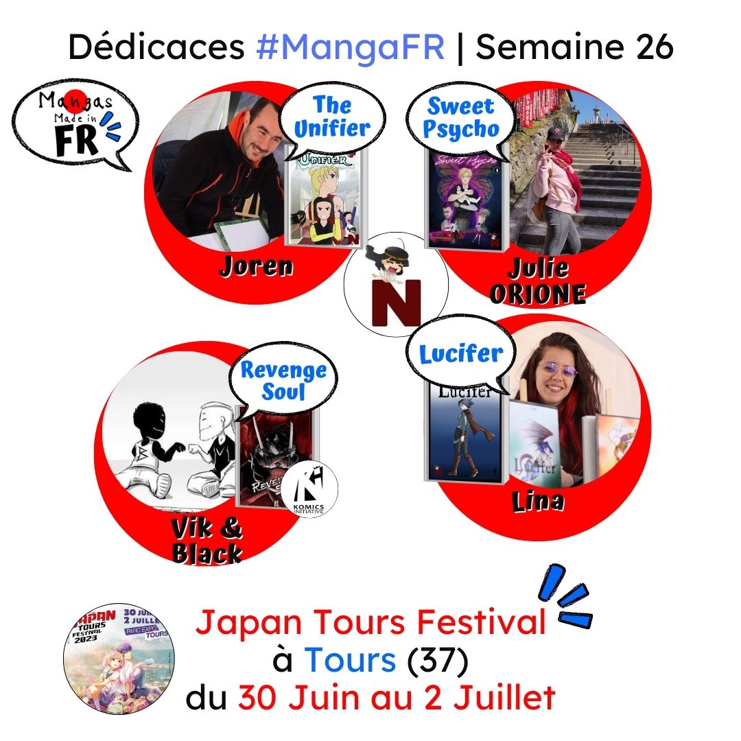 Mangas Made in FR 🇫🇷 (@mangasmadeinfr) on Twitter photo ⏫
* Nanachi Éditions (<a href="/Nanachieditions/">Nanachi éditions</a>)
- Joren (<a href="/jorenilya/">Joren</a>), auteur du manga "The Unifier"
- Julie ORIONE, autrice du manga "Sweet Psycho"
- Lina, autrice du manga "Lucifer"
* Komics Initiative (<a href="/KomicsI/">Komics Initiative Édition</a>)
- Vik & Black, auteurs du manga "Revenge Soul"
⏬ ⏫
* Nanachi Éditions (<a href="/Nanachieditions/">Nanachi éditions</a>)
- Joren (<a href="/jorenilya/">Joren</a>), auteur du manga "The Unifier"
- Julie ORIONE, autrice du manga "Sweet Psycho"
- Lina, autrice du manga "Lucifer"
* Komics Initiative (<a href="/KomicsI/">Komics Initiative Édition</a>)
- Vik & Black, auteurs du manga "Revenge Soul"
⏬