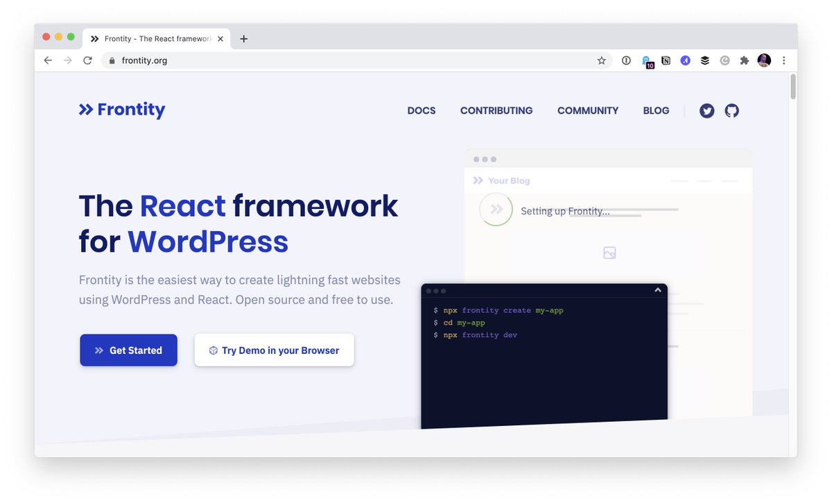 MunyaM16's tweet image. So far, #Frontity has been a blast. I love how it uses #React to create powerful and flexible UIs for #WordPress. It&apos;s also cool how I can run two servers, one for PHP and one for JS. And I can still use HTML templates and custom plugins. What a combo! 🙌