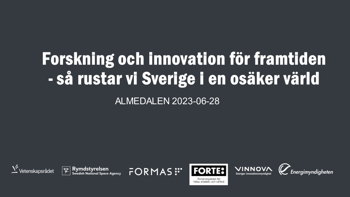 Forskning och innovation för framtiden - så rustar vi Sverige i en osäker värld Välkommen på seminarium i Almedalen eller digitalt 28 juni kl 08.45 med @Energi_mynd, @FormasForsk, @forteforskning, @RymdstyrelsenSE, @Vetenskapsradet och Vinnova. Läs mer: vinnova.se/kalenderhandel…