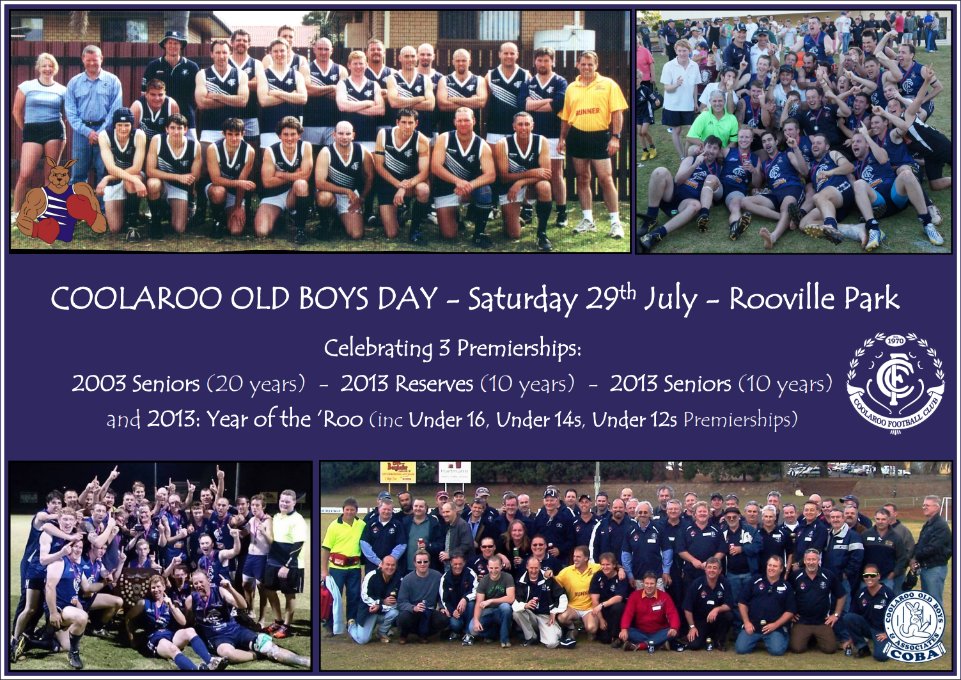 CoolarooFC's tweet image. @CoolarooFC Old Boys Day and Premiership Reunions

facebook.com/events/1680796…

Rockville Park, Saturday 29 July

Celebrating 3 milestone Premierships:
• 2003 Seniors
• 2013 Reserves
• 2013 Seniors

Full Canteen and Bar facilities available

#goodol' #est1970 #sidebyside #rooville
