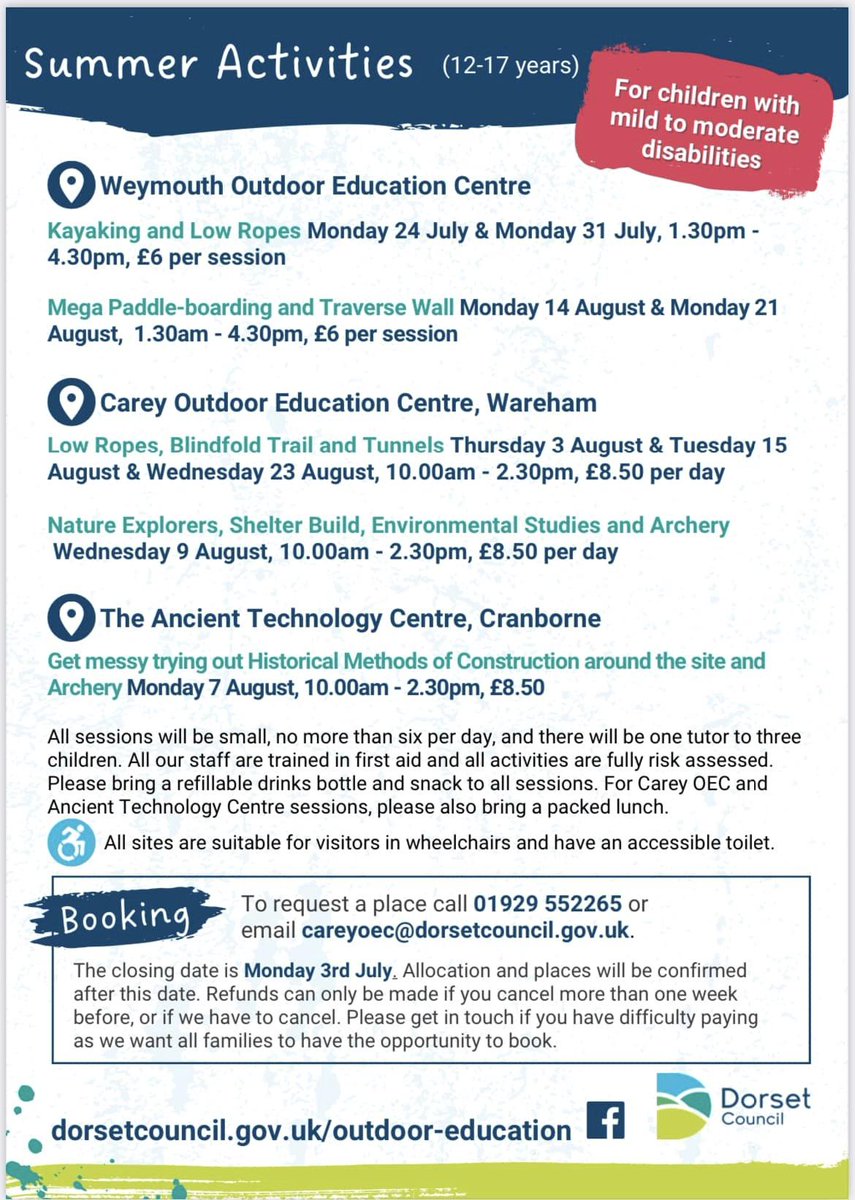 CareyOEC's tweet photo. Short Break sessions during the summer holidays.
We are running sessions at @WeymouthOutdoor , @ATCranborne  and here at @CareyOEC. 
Further information 👇
To request a place, call us on (01929)552265 or email us at careyoec@dorsetcouncil.gov.uk https://t.co/brwckJOkUH