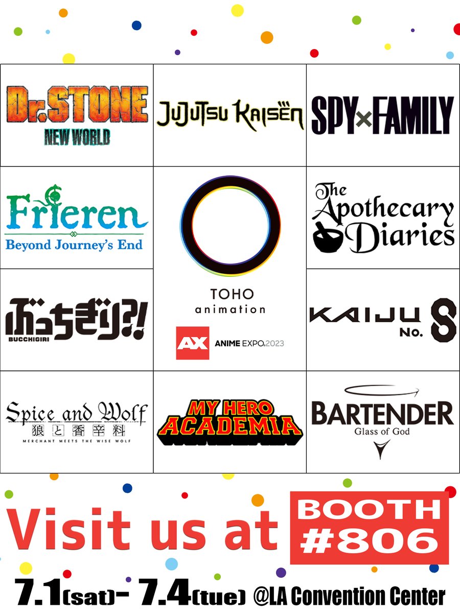 ／
#TOHOanimation in #AX2023!
＼

We’re thrilled to announce that TOHO animation will be at @AnimeExpo 2023!
Visit our booth #806 for photo ops with your favorite TOHO animation shows and free giveaways!

#jjk #SPY_FAMILY #DrSTONE #Frieren #MyHeroAcademia #KaijuNo8 ...and more!