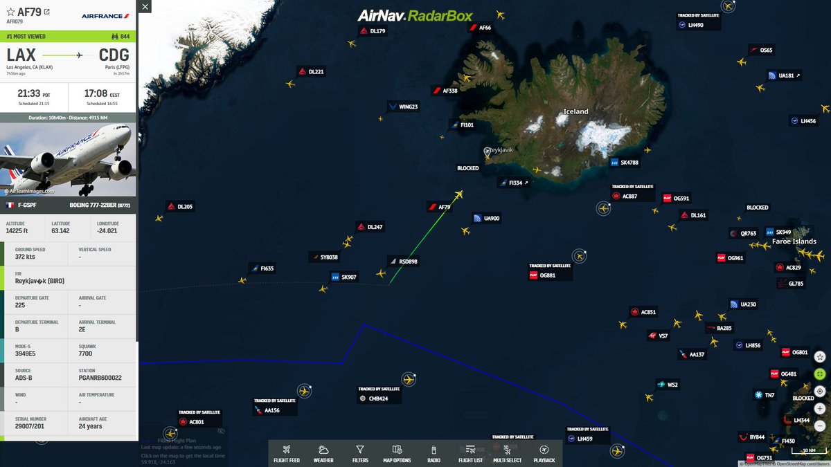 AirNavRadar's tweet photo. Air France flight #AF79 from Los Angeles (LAX) to Paris (CDG) is declaring an emergency and diverting to Keflavik: https://t.co/CJdqC6KDpe✈️ https://t.co/Q6UU83ipdm
