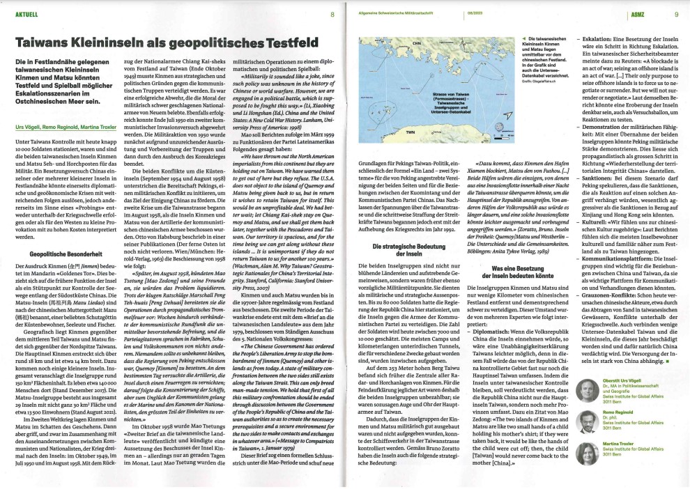 Die in Festlandnähe gelegenen taiwanesischen Kleininseln Kinmen und Matsu könnten Testfeld und Spielball möglicher Eskalationsszenarien im Ostchinesischen Meer sein. Mehr darüber im neuen SIGA-Artikel der aktuellen ASMZ: globalaffairs.ch/produkte/asmz-…