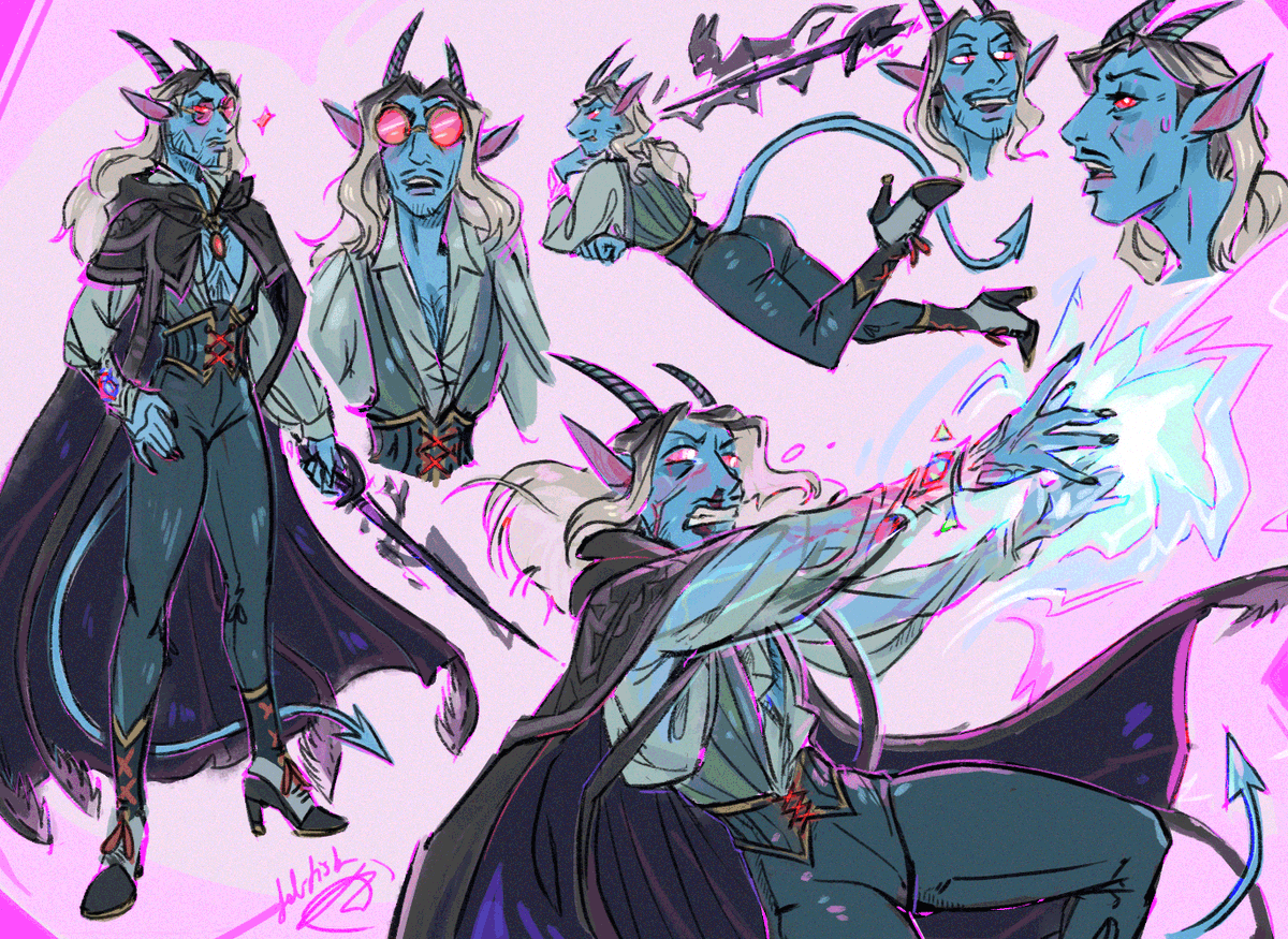 up to date (lvl10!) coincidence sketchpage ref for artfight!  

they're a bit scruffier &amp; less overstated with their fashion choices given the time they've been having in barovia thus far, but they do have a new cloak n some funky glasses :>)b 

#dnd #CoS