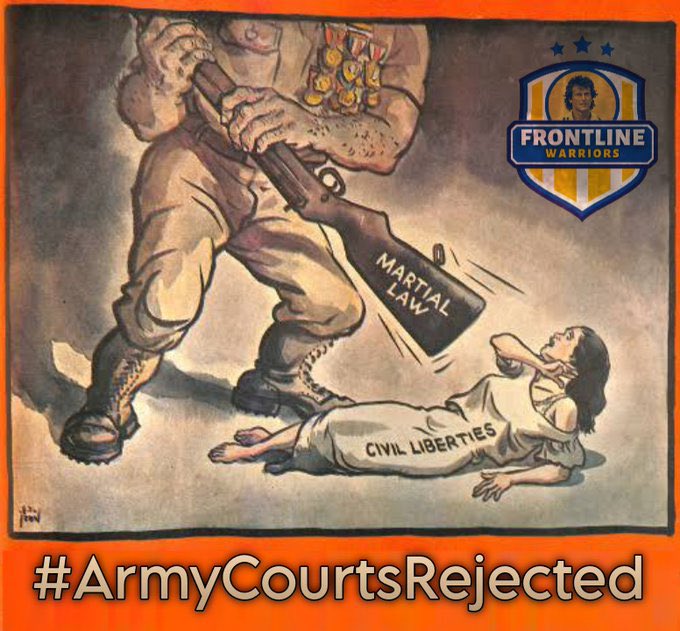 As it is clear in the constitution that no civilian can be tried in military courts, we demand that we do not accept military courts in any case.

#ArmyCourtsRejected