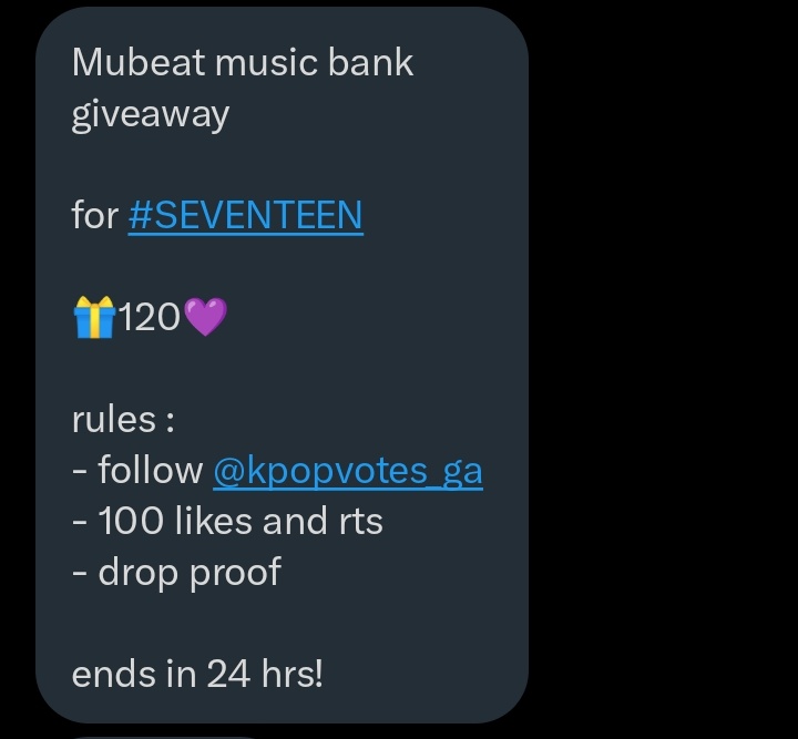 joshurium's tweet photo. #SEVENTEEN mubeat music bank!!

🎁 120 💜

rules:
✓  follow @kpopvotes_ga  
✓  100 likes &amp; rts   
✓  drop proof

ends in 24hours ! https://t.co/RktAwvLG8G