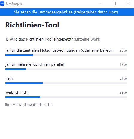 Erstmal gibt es ein paar Umfragen wie z.B. zum Richtlinien-Tool.