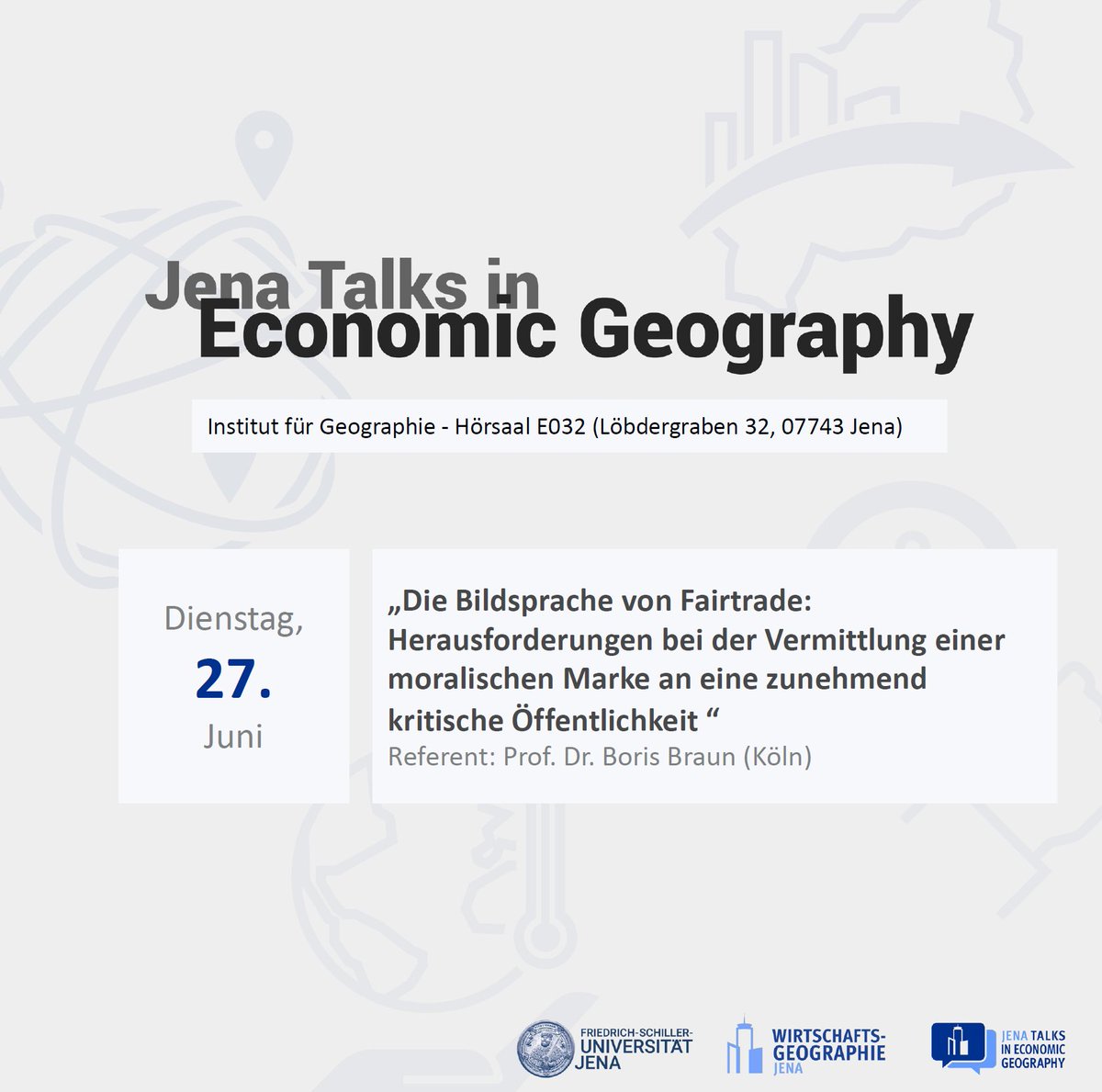 wigeo_jena's tweet photo. Heute freuen wir uns auf einen Gast: Boris Braun wird bei unseren #JTalks über #Fairtrade sprechen. Wir sind gespannt auf den inhaltlichen Input und die Diskussion! https://t.co/7x7S8yHvyX