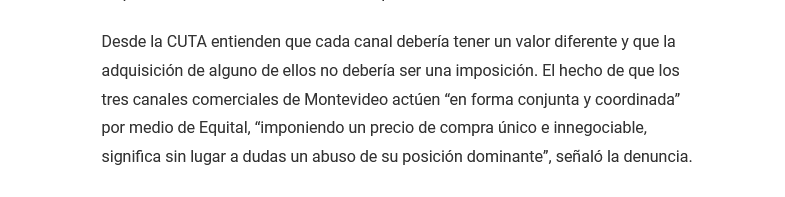 Pero no tengas ninguna duda <a href="/Def_Competencia/">Defensa Competencia</a> <a href="/mef_Uruguay/">Economía y Finanzas</a> . Es más que "apariencia". <a href="/CUTAUY/">CUTA</a> tiene toda la razón. Un abuso sostenido en el tiempo, agrego, que debió merecer actuación de oficio desde hace tiempo.

<a href="/Washing57092820/">Washington Melo</a> <a href="/atmatm27/">Ariel Minoli ATM</a>